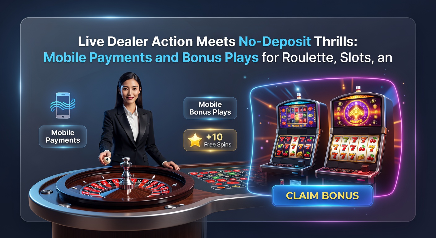 Smartphone mit Live-Blackjack-Tisch, No-Deposit-Bonus-Pop-up und mobilen Zahlungsicons, im Stil eines dynamischen Casino-Moments