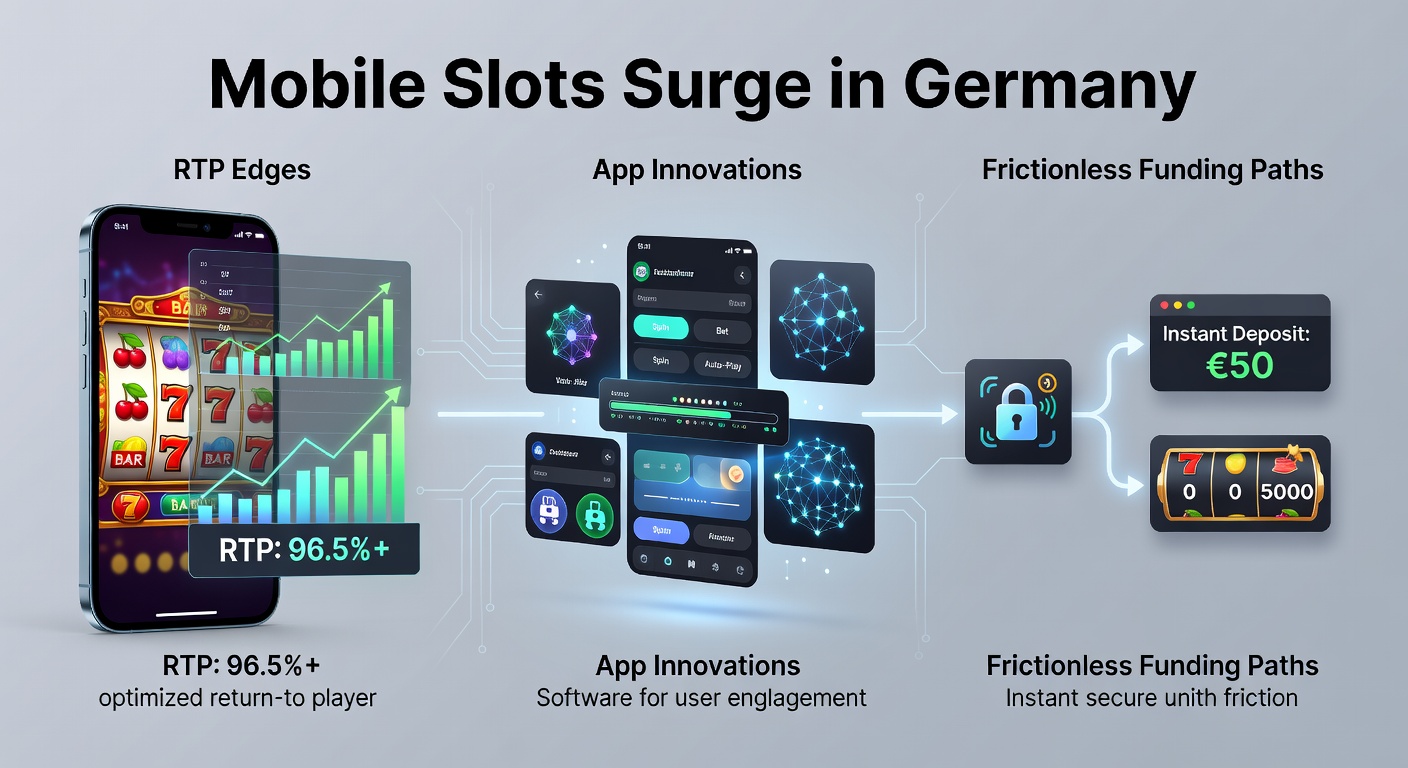Smartphone mit farbenfrohem Mobile Slot-Spiel und deutschen Zahlungsikonen im Vordergrund, symbolisiert den Aufstieg mobiler Glücksspiele